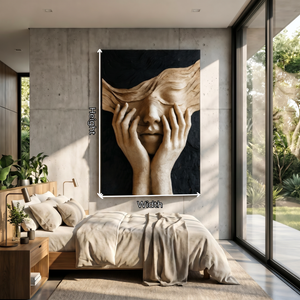 Handcrafted Veiled Face Sculptural Wood Wall Art with Expressive Hands