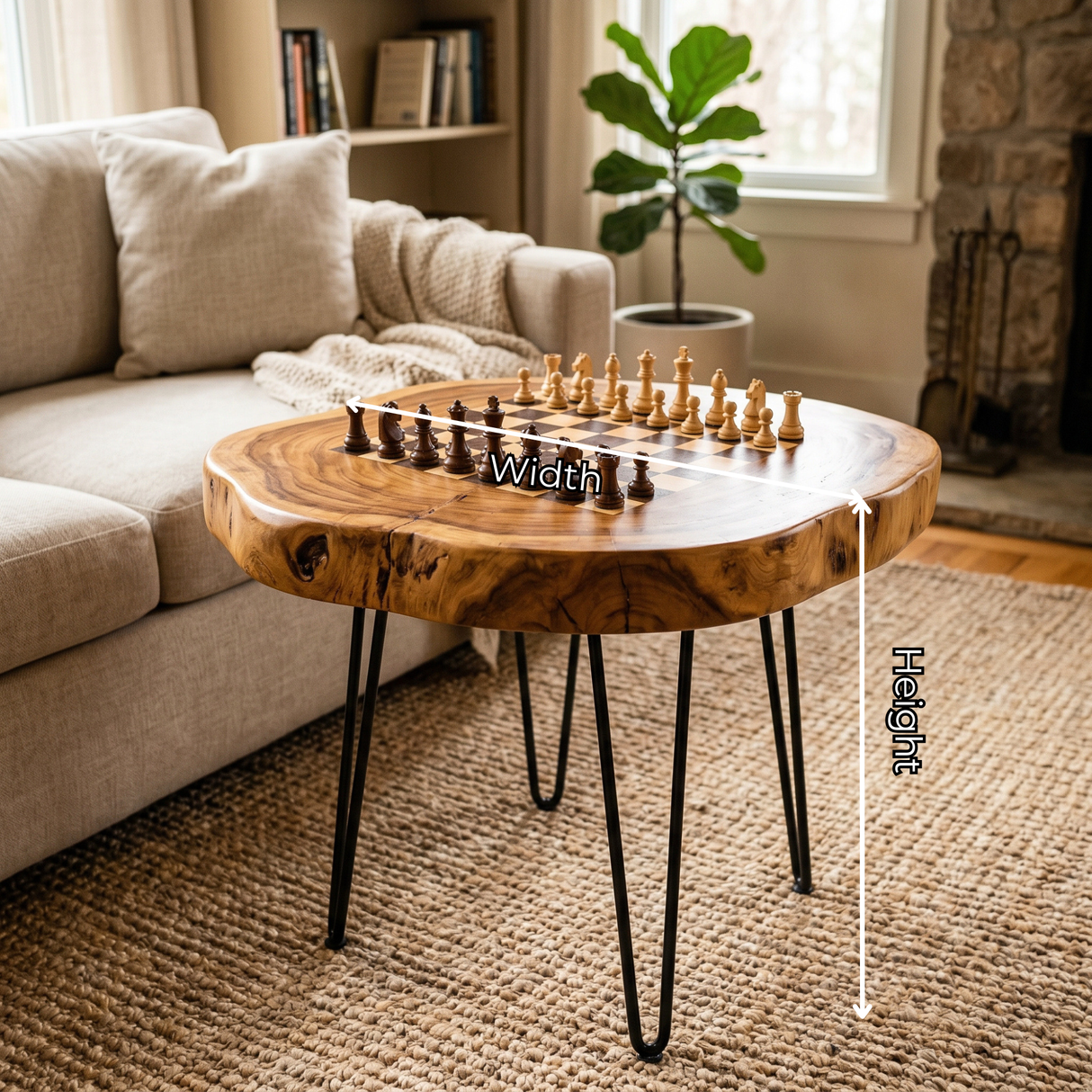 Round Solid Wood Chess Coffee Table with Organic Edge and Hairpin Legs