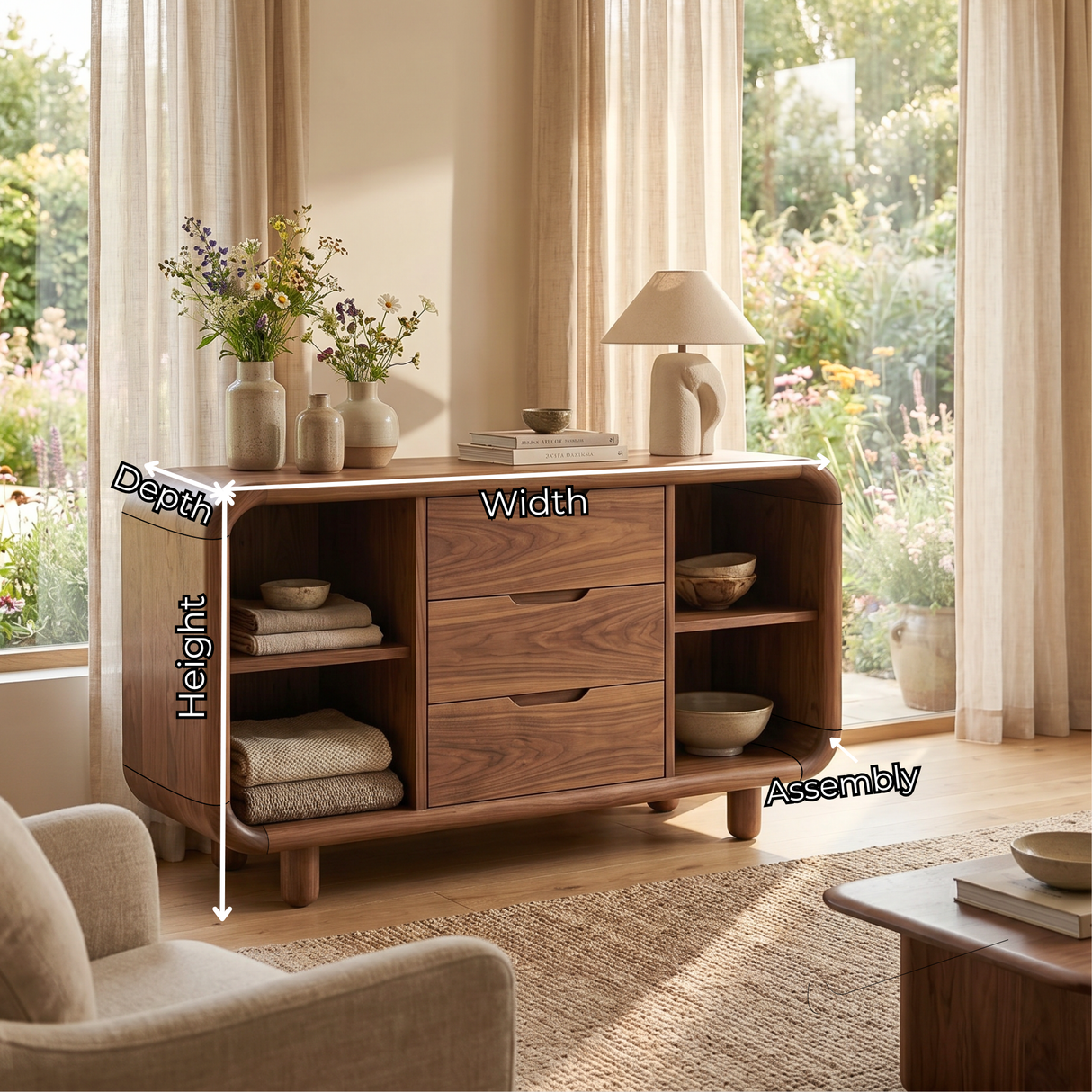 Solid Wood Sideboard Cabinet with Three Drawers and Rounded Display Bays