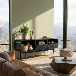 Curved Wood TV Cabinet with Drawers and Open Shelving, Mid Century Modern Media Console for Organic Modern Living Rooms