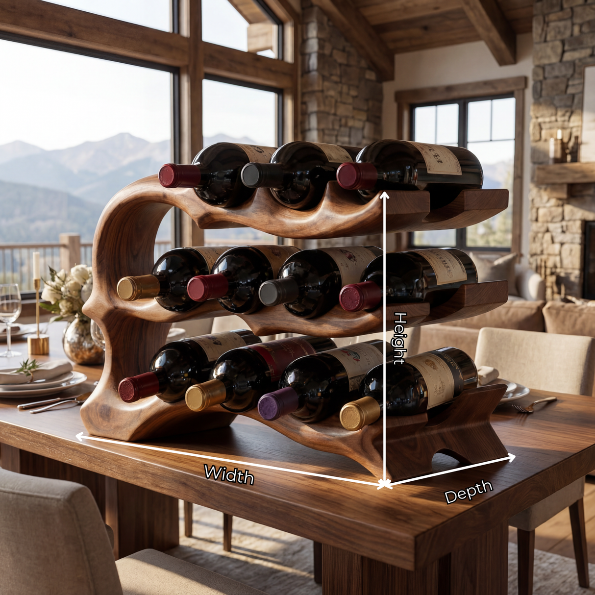 Solid Wood Wine Rack Sculptural Open Frame Bottle Holder Multi Tier Bar Display