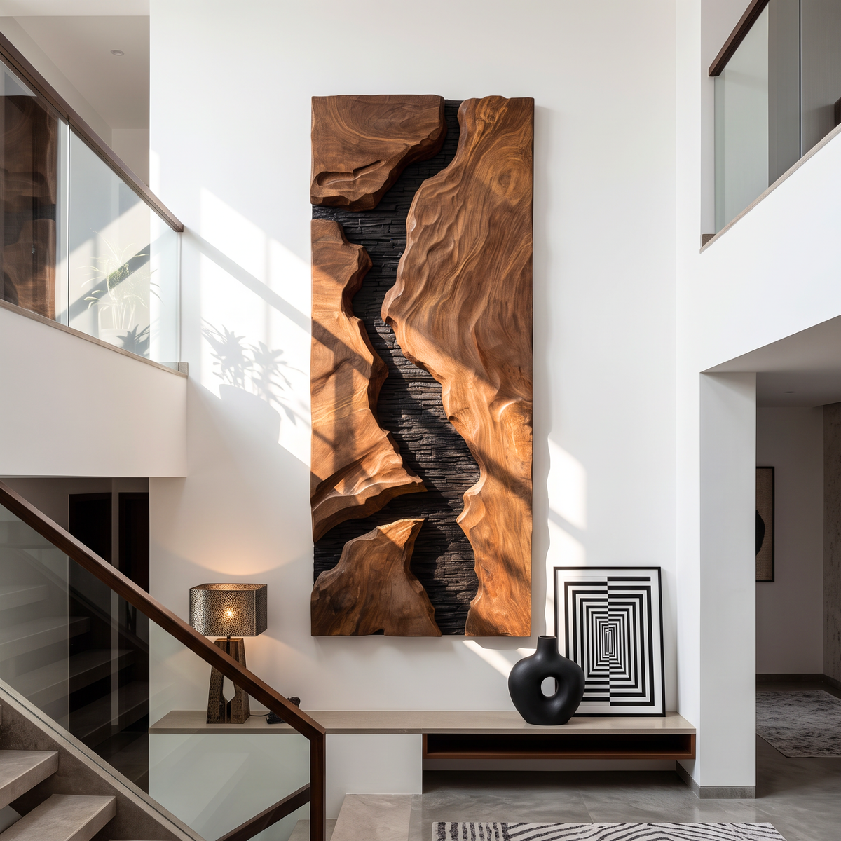 Natural Solid Wood Wall Art with Sculpted Gorge Forms and Black Stone Texture