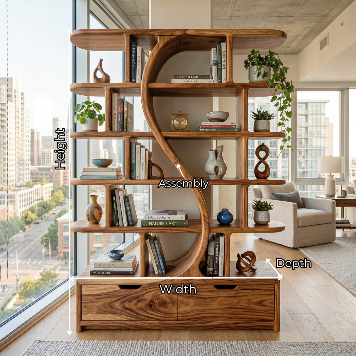 Organic Solid Wood Bookshelf with S Curve Divider and Base Drawers