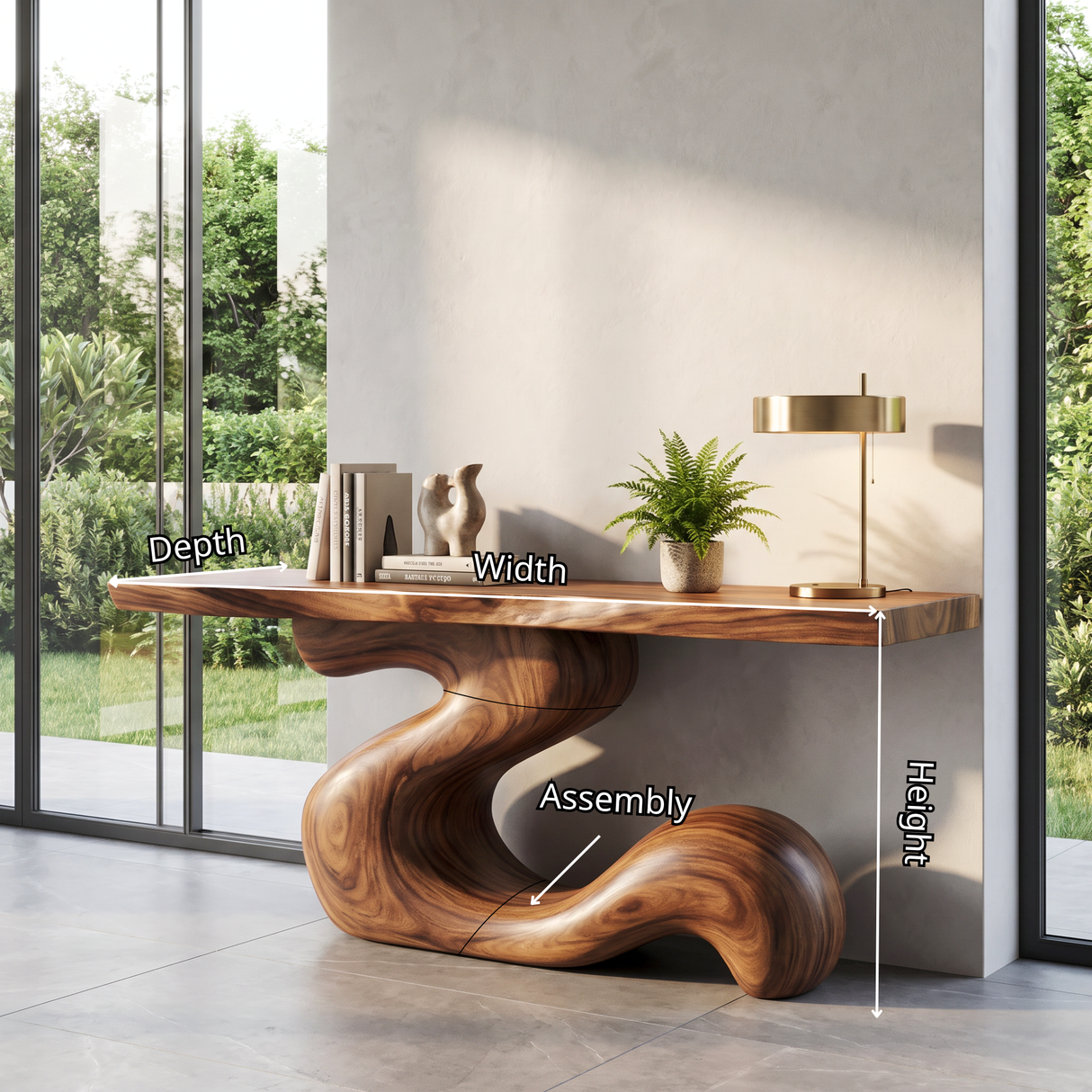 Console Table Solid Wood with Sculptural S Curve Base for Entryway Decor