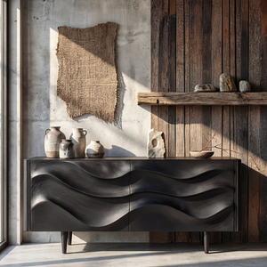 Sculpted Black Wave Sideboard for Modern Living Room and Dining Storage