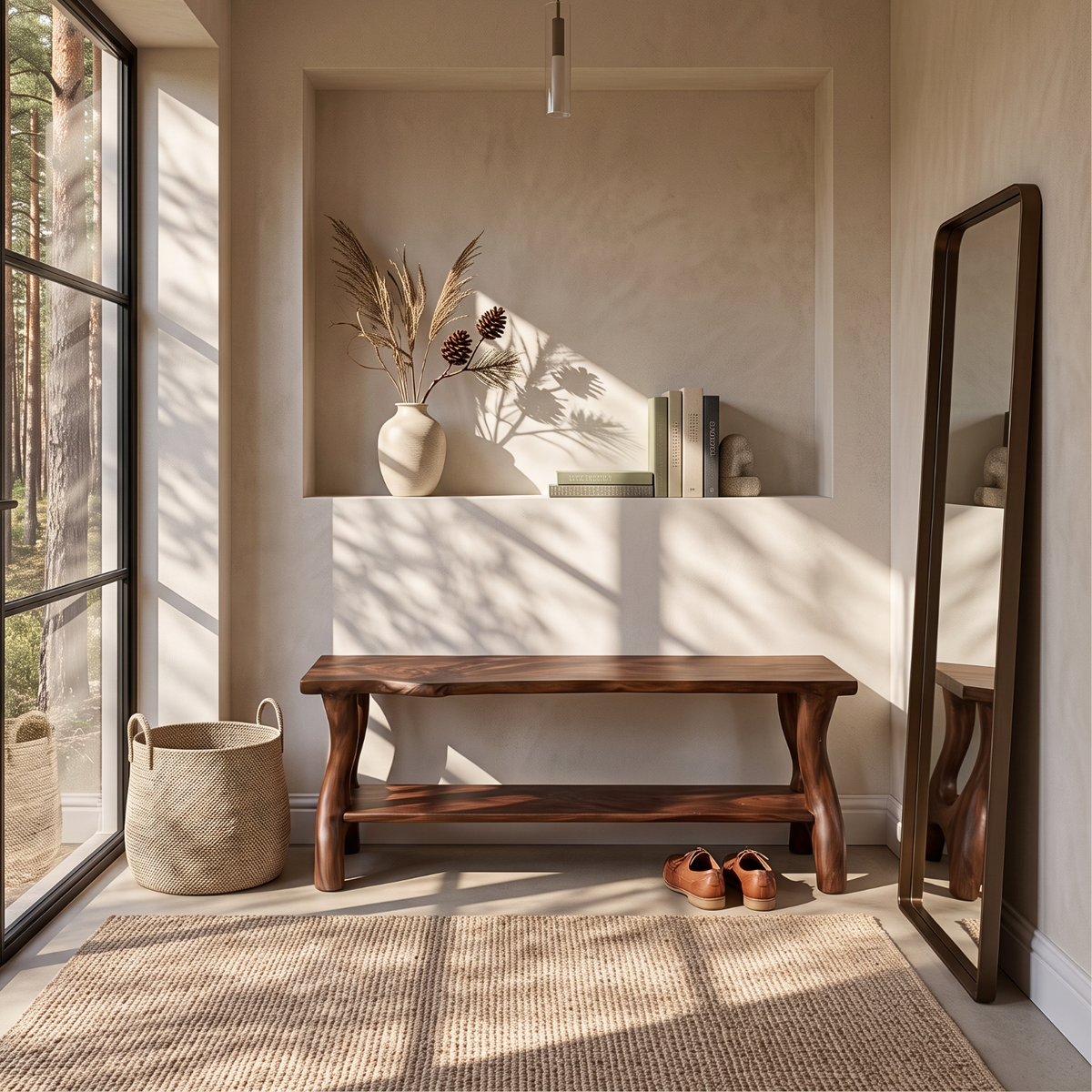 Handcrafted Solid Wood Shoe Bench with Organic Legs and Open Storage Shelf