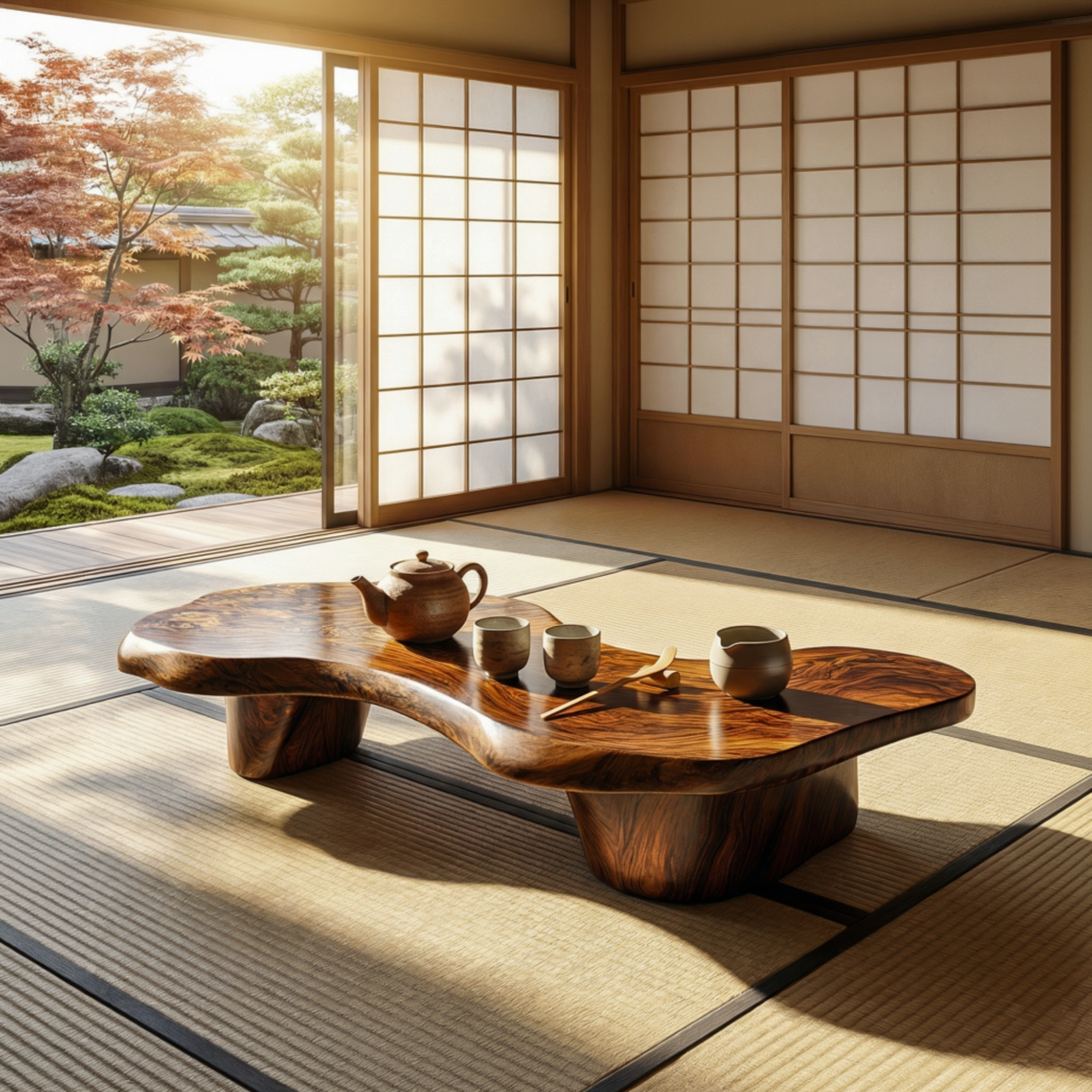 Solid Wood Organic Tea Table for Japandi Zen Living Spaces