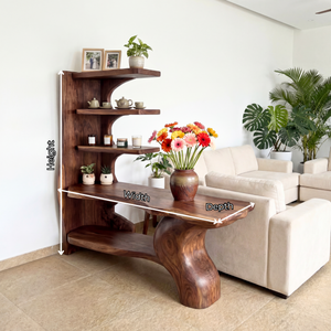 Organic Sculptural Solid Wood Console Table with Asymmetrical Shelving Artistic Freeform Console Table