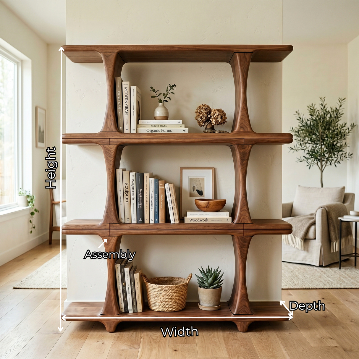 Handcrafted Solid Wood Open Bookshelf with Sculptural Frame