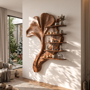 Ginkgo Leaf Solid Wood Wall Shelf with Sculptural Tiered Display Design