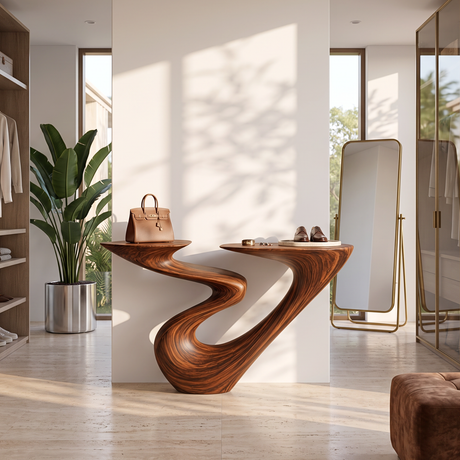 Handcrafted Solid Wood Console Table with Sculptural Curved Loop Base