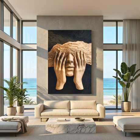Handcrafted Solid Wood Face Wall Sculpture with Layered Wave Blindfold and Sculpted Hands