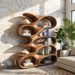 Abstract Loop Wood Display Shelf with Flowing Open Compartments