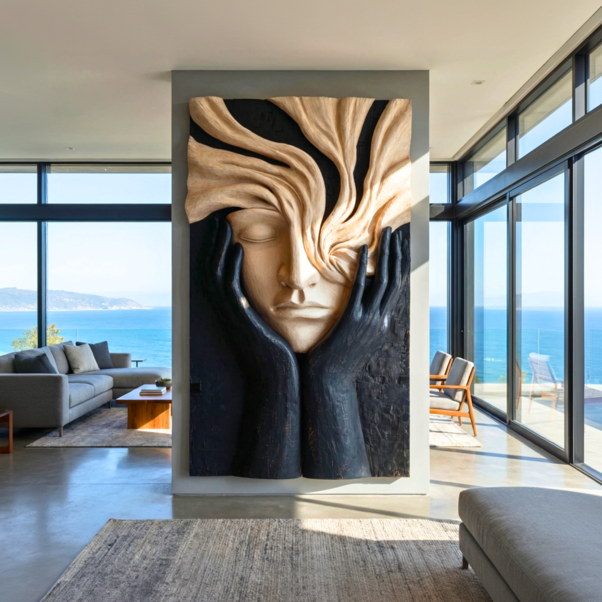 Handcrafted Solid Wood Face Wall Sculpture with Flowing Grain Hair and Black Relief Hands