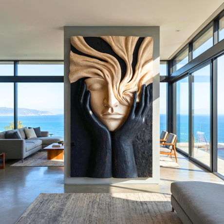 Handcrafted Solid Wood Face Wall Sculpture with Flowing Grain Hair and Black Relief Hands
