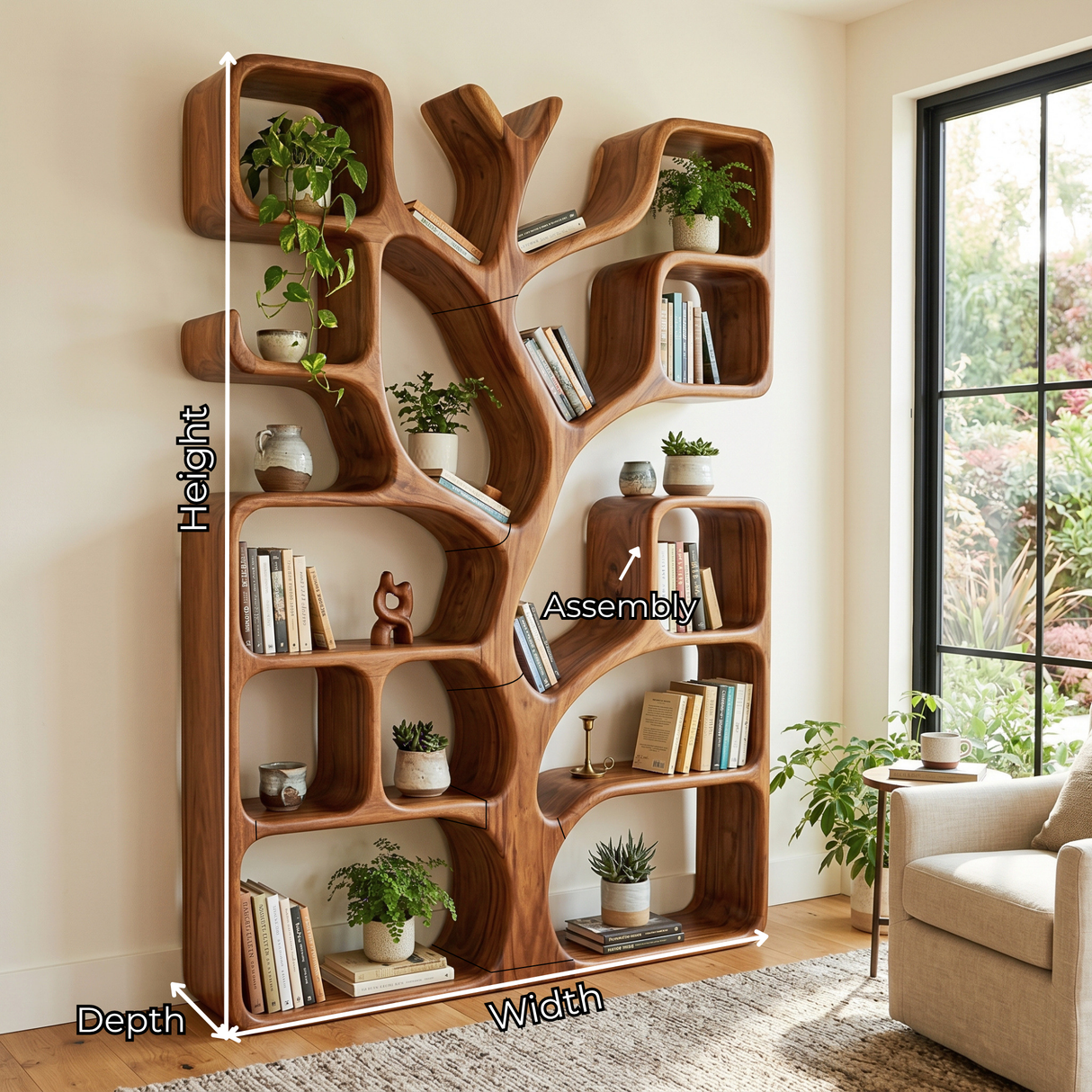 Handcrafted Solid Wood Tree Bookshelf with Organic Open Display Shelves