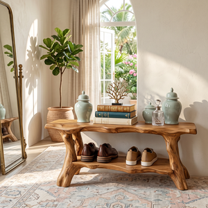 Organic Solid Wood Shoe Bench with Live Edge Seat and Open Storage Shelf