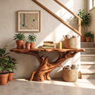 Console Table Solid Wood with Sculptural Tree Branch Base for Entryway