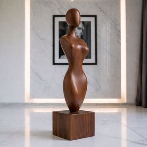 Solid Wood Abstract Female Torso Sculpture with Plinth for Modern Interiors