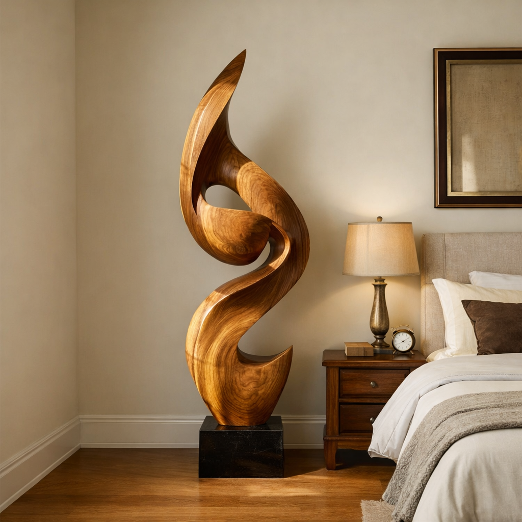 Tall Solid Wood Flowing Curve Floor Sculpture with Plinth for Modern Interiors