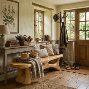 Organic Solid Wood Entryway Bench with Sculptural Open Base Design