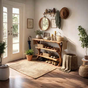 Handcrafted Solid Wood Shoe Rack Console with Open Shelving and Sculptural Branch Legs