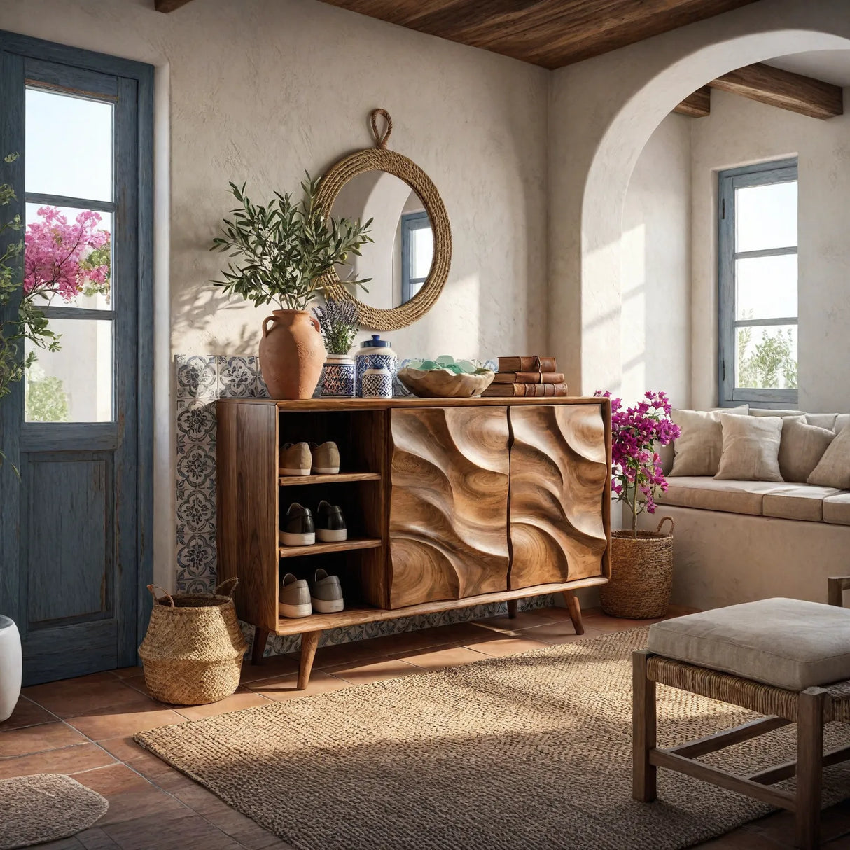 Handcrafted Solid Wood Shoe Cabinet with Sculptural Carved Doors and Open Side Shelves for Entryway