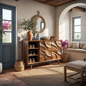 Handcrafted Solid Wood Shoe Cabinet with Sculptural Carved Doors and Open Side Shelves for Entryway