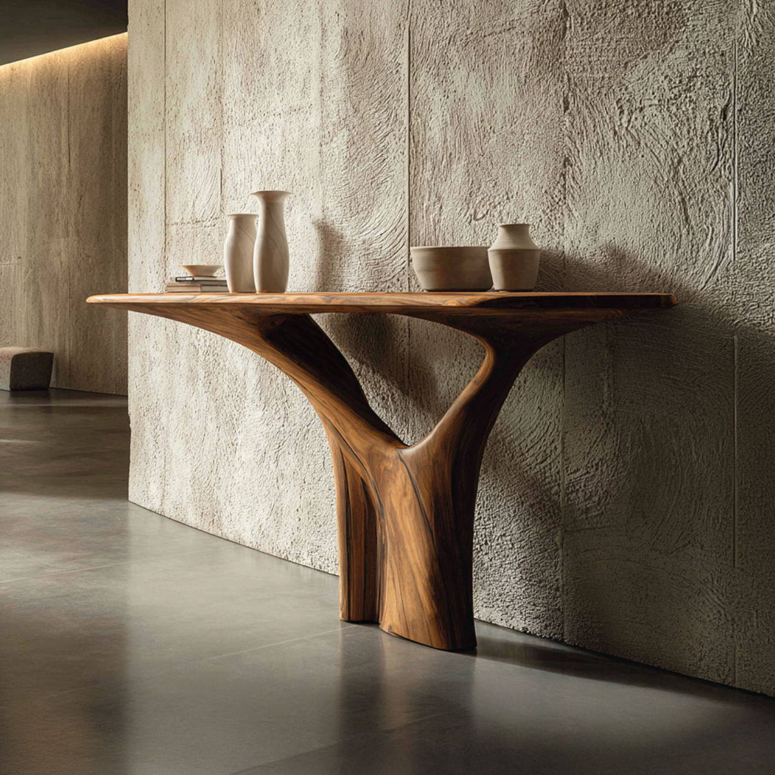 Solid Wood Sculptural Console Table with Tree Base