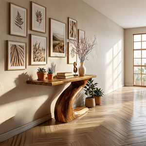 Floating Solid Wood Console Table with Curved Sculptural Base