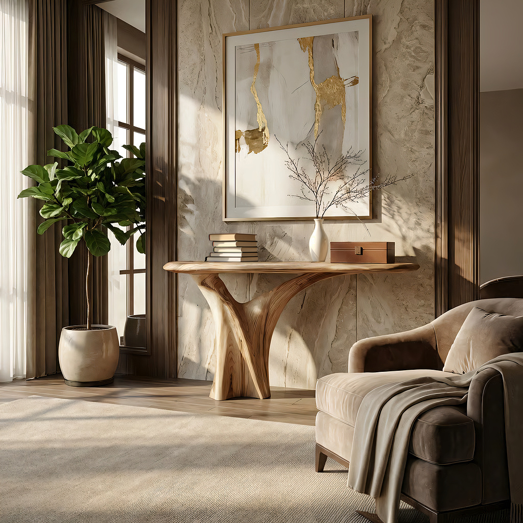 Organic Solid Wood Console Table with Sculpted Pedestal Base
