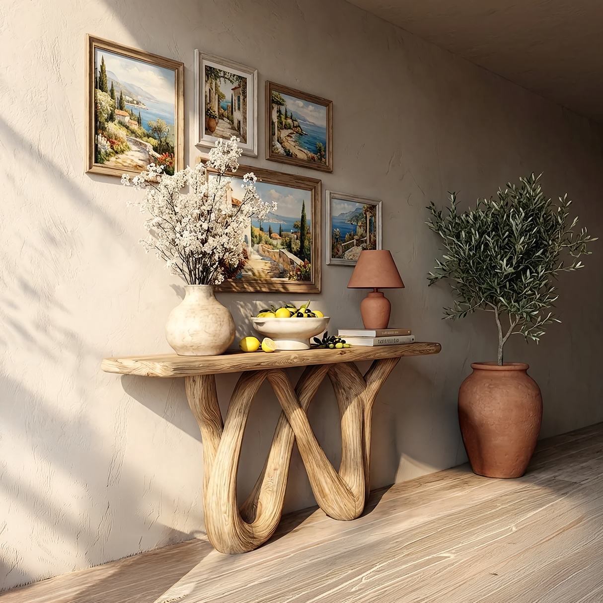 Wave Sculpted Solid Wood Console Table in Natural Oak Finish