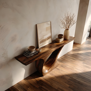 Organic Curve Solid Wood Console Table with Sculpted Pedestal Base