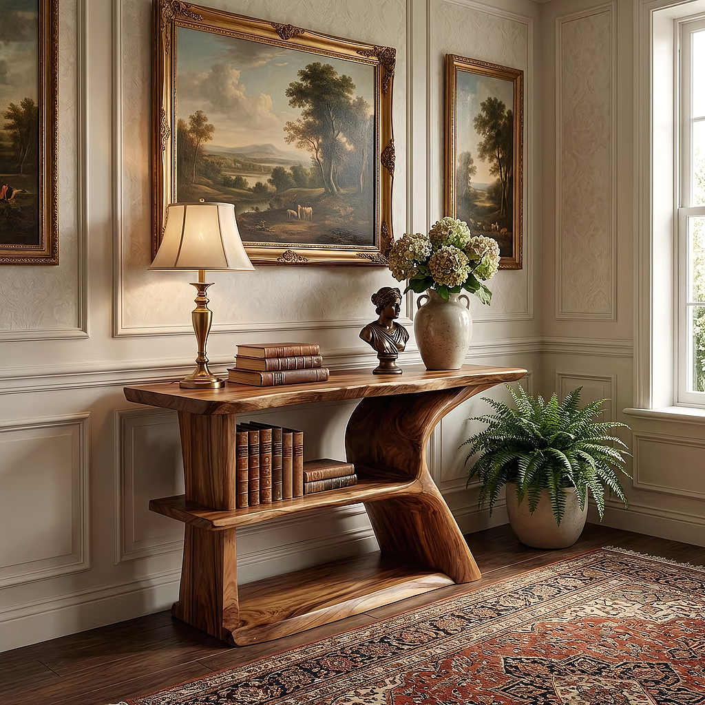 Modern Solid Wood Console Table with Sculpted Side Panel and Shelf