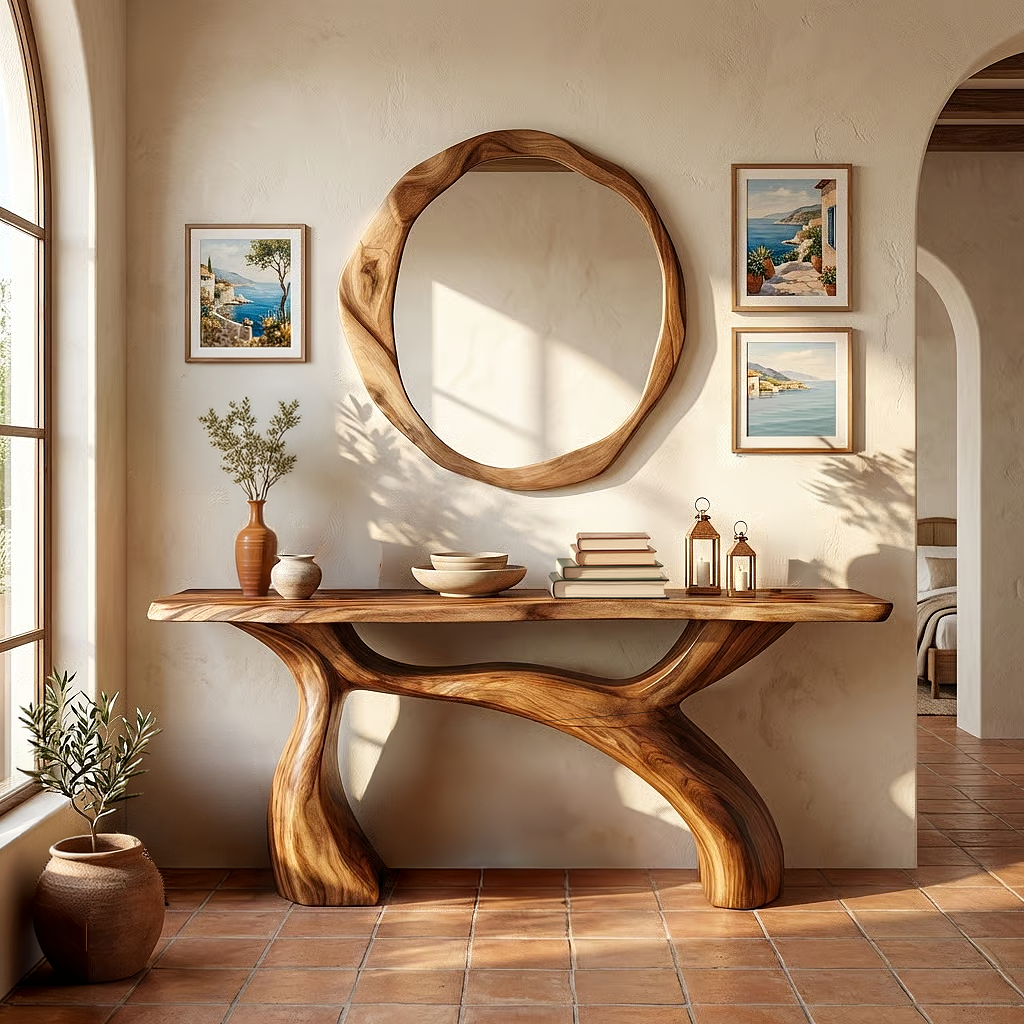 Sculptural Solid Wood Console Table with Organic Curved Base