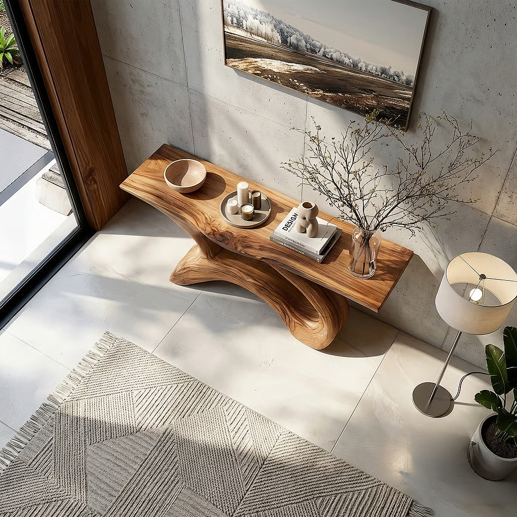 Modern Sculptural Solid Wood Console Table with Open Curved Base