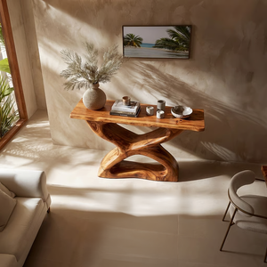 Handcrafted Natural Wood Console Table with Sculpted Base