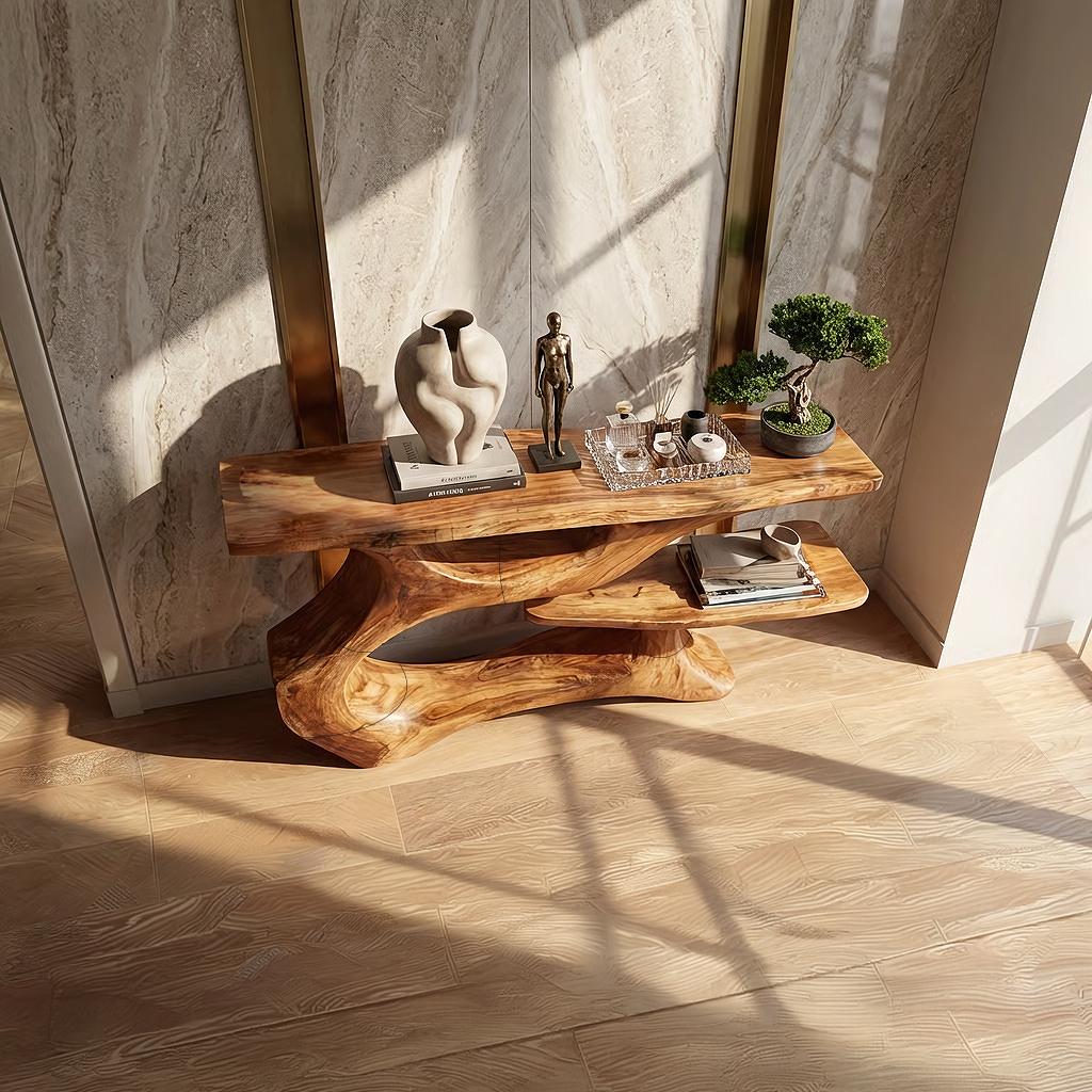 Organic Solid Wood Console Table with Floating Shelf