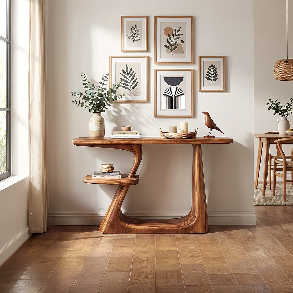 Organic Solid Wood Console Table with Sculpted Base