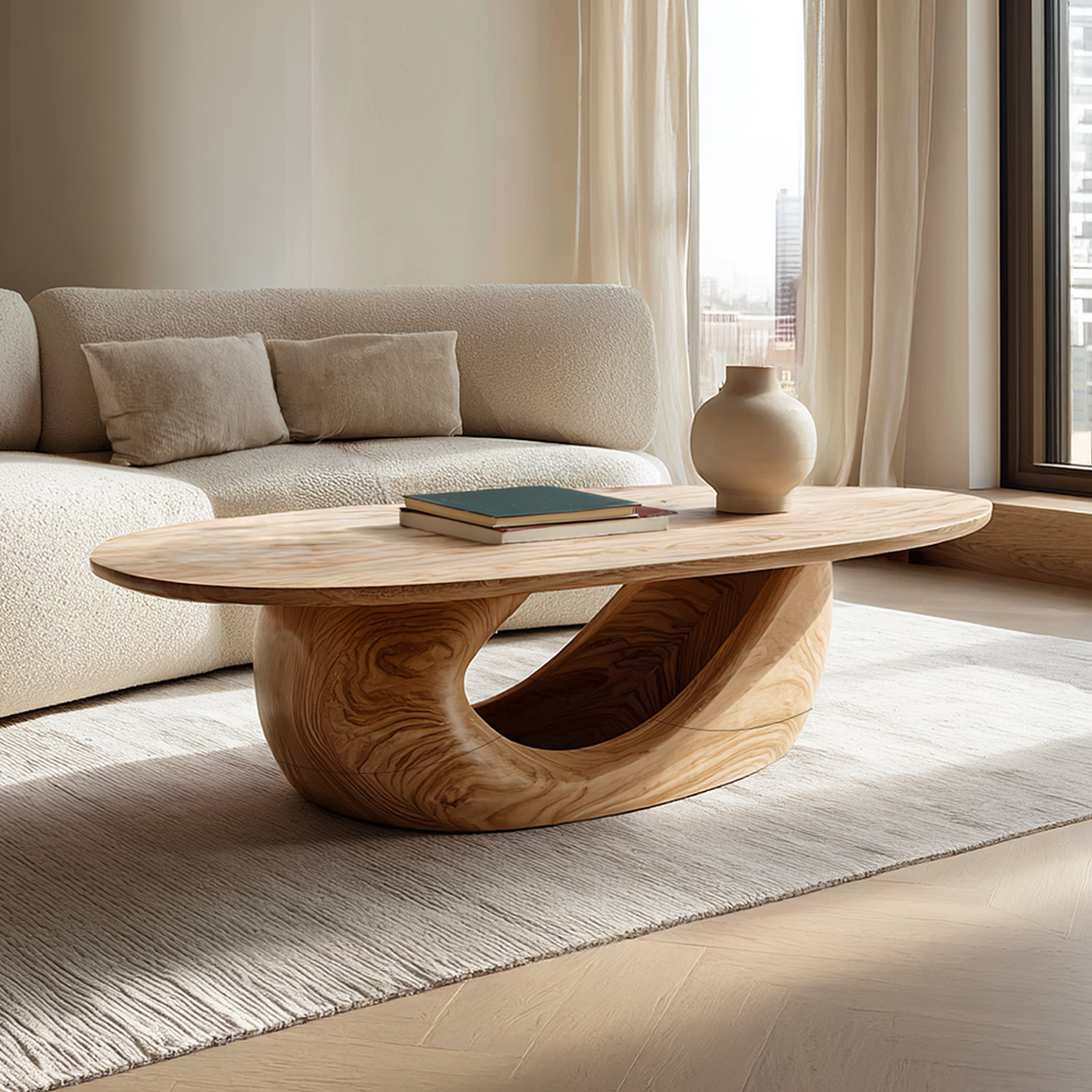 Sculptural Solid Wood Coffee Table Organic Wave Base