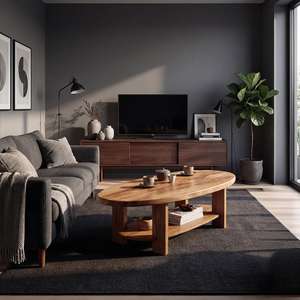 Oval Solid Wood Coffee Table with Open Shelf