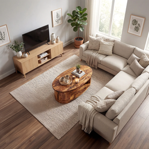 Oval Solid Wood Coffee Table with Shelf