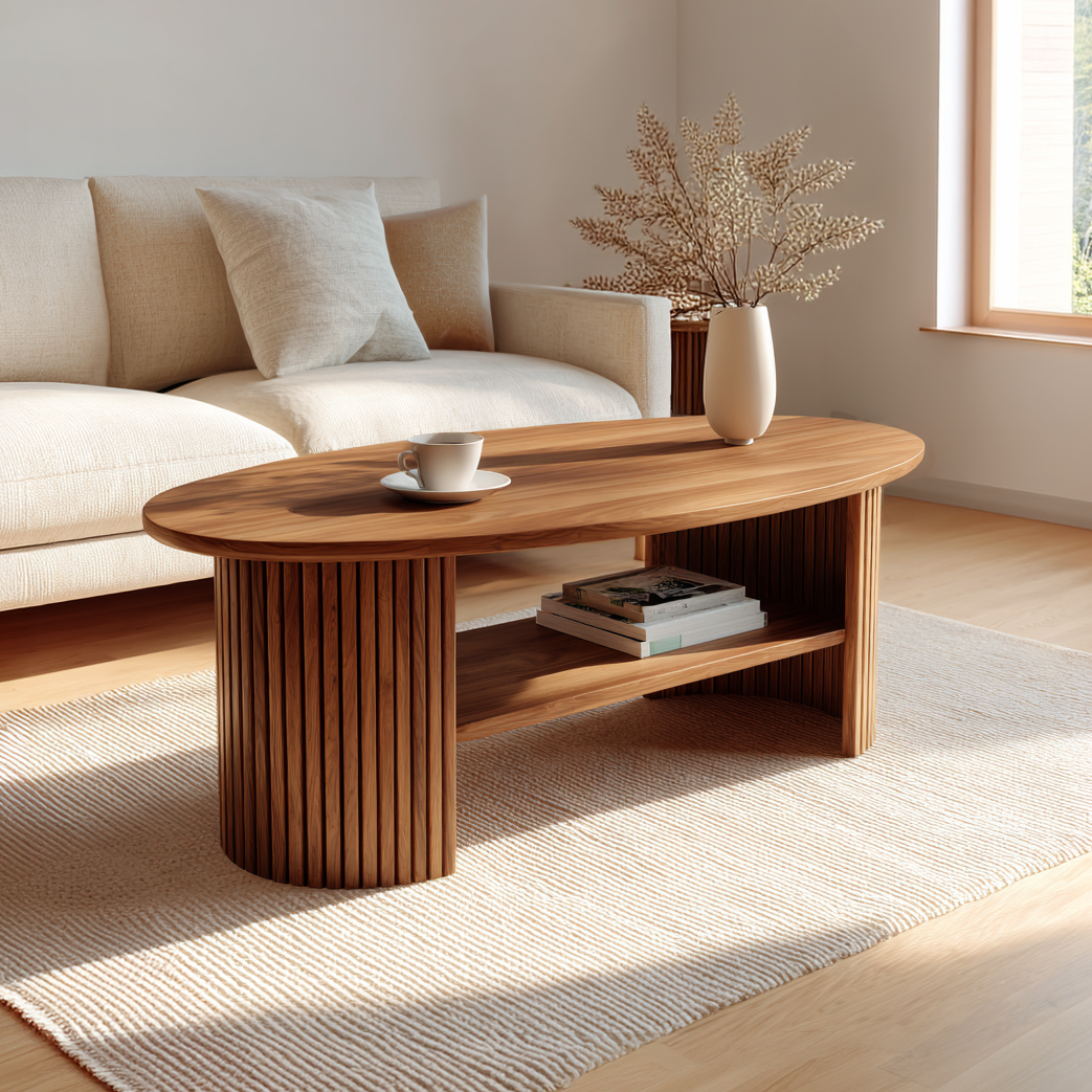 Oval Solid Wood Coffee Table with Fluted Base
