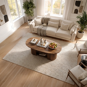 Fluted Oval Solid Wood Coffee Table with Shelf