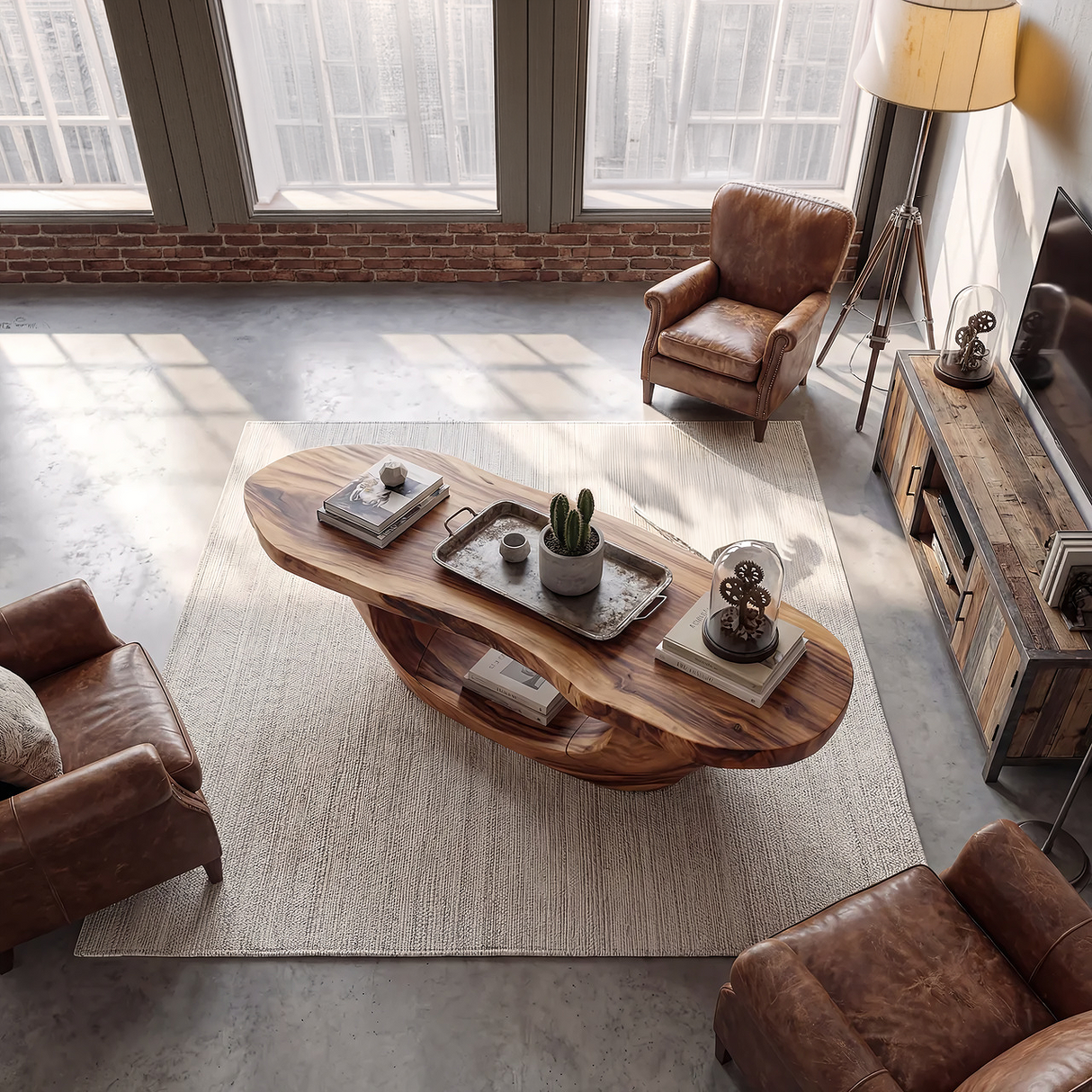 Live Edge Oval Wood Coffee Table with Sculpted Base