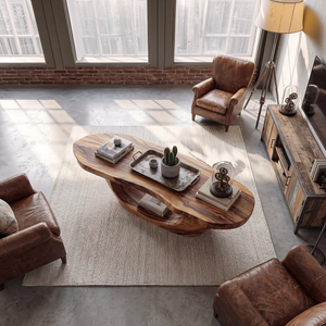 Live Edge Oval Wood Coffee Table with Sculpted Base