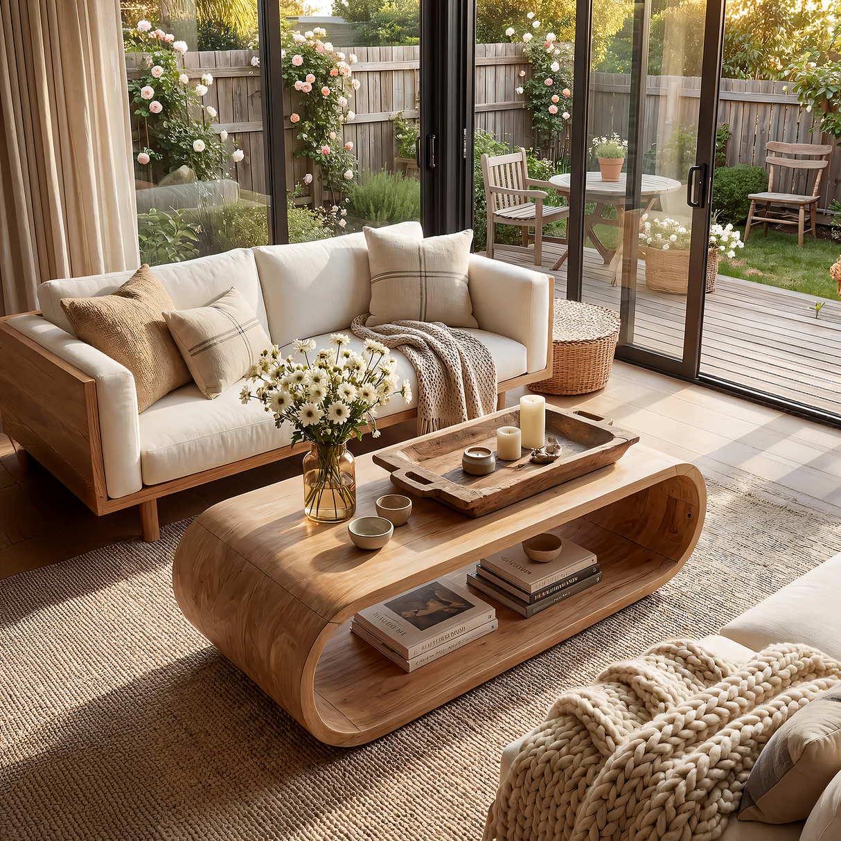 Curved Solid Wood Coffee Table with Open Shelf