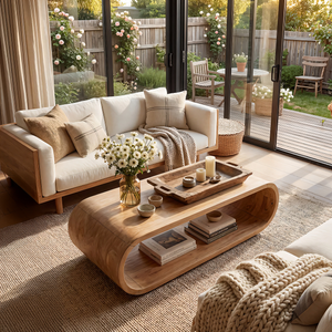 Curved Solid Wood Coffee Table with Open Shelf