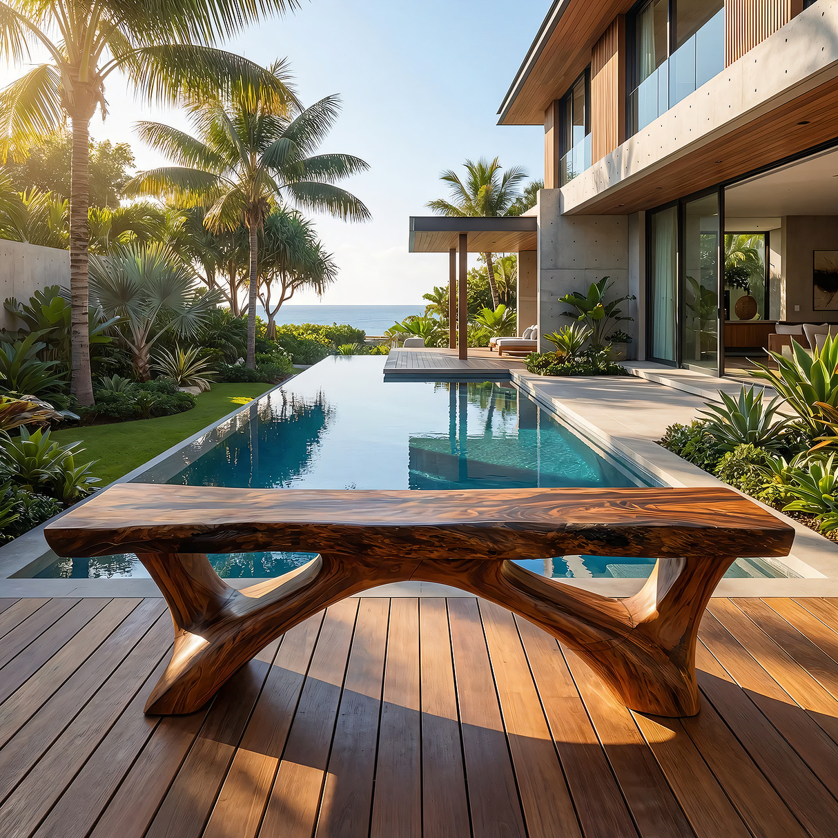 Live Edge Solid Wood Bench with Sculpted Base for Luxury Outdoor Spaces