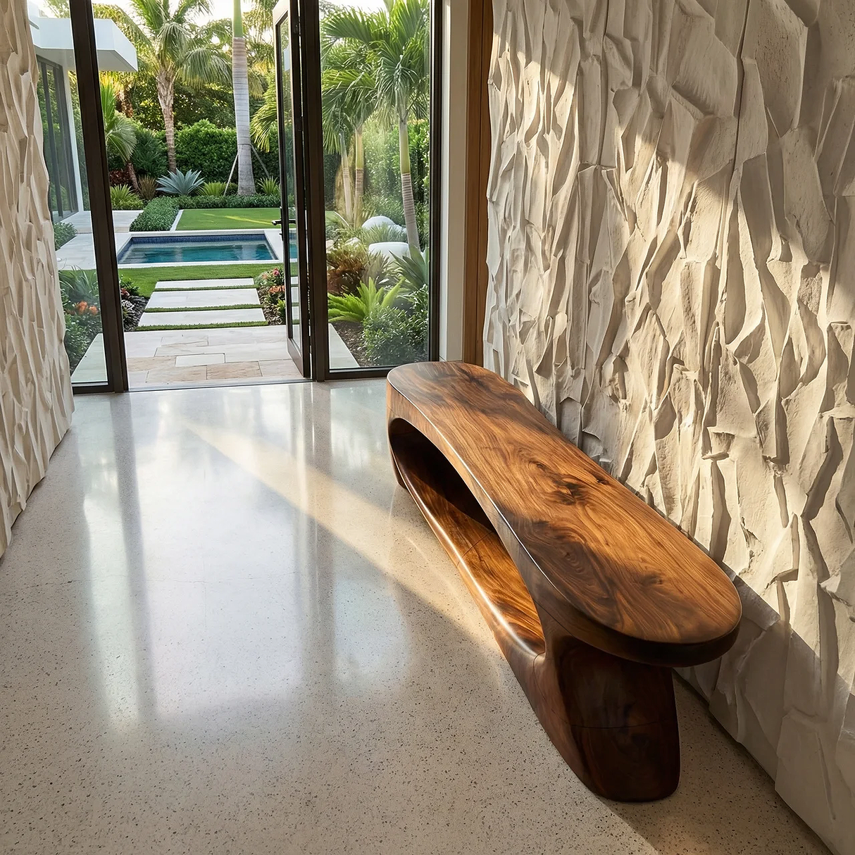 Sculptural Solid Wood Bench with Flowing Base for Modern Interiors